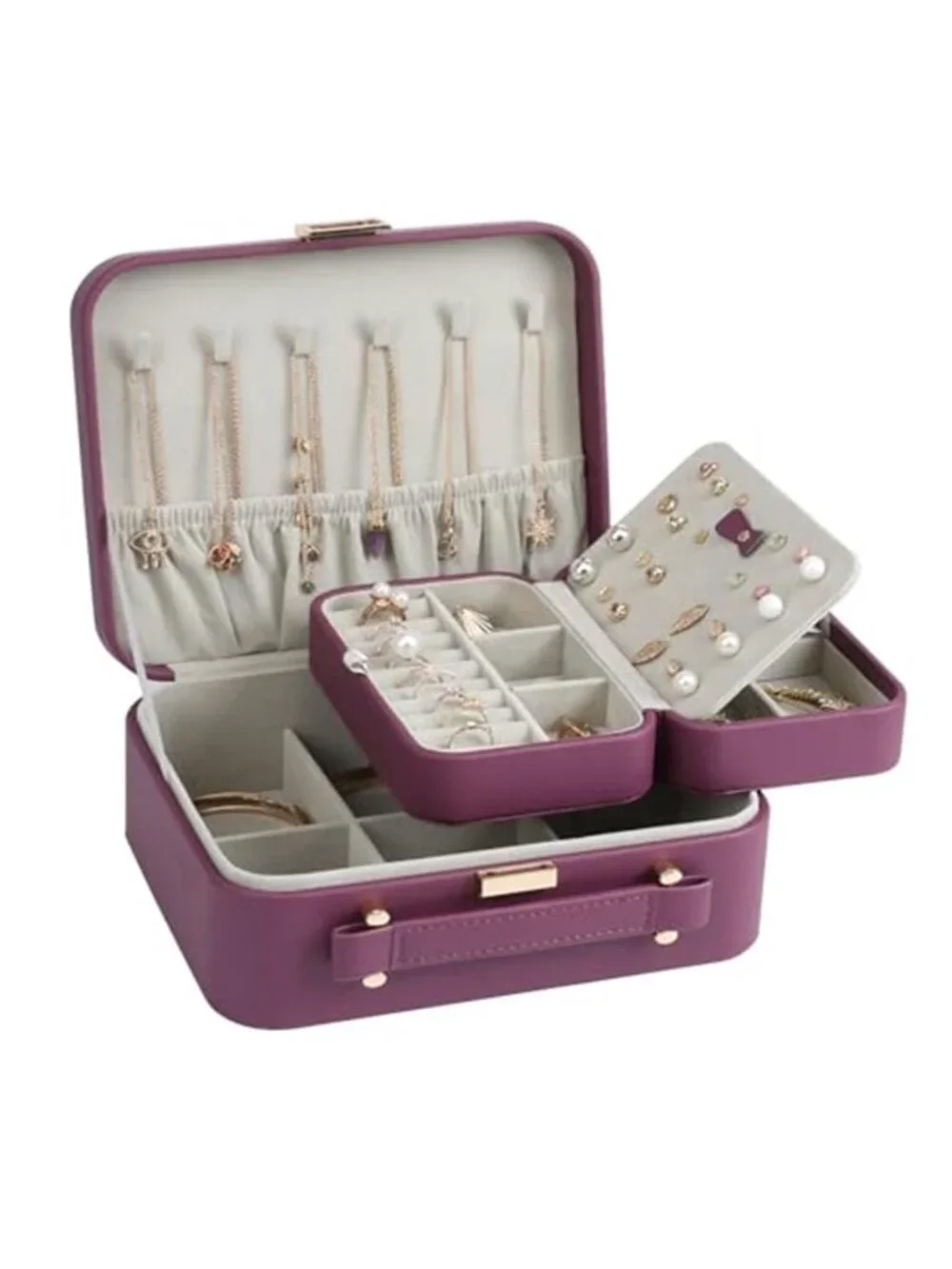 Womens Travel Jewelry Box Large 2 Layer Organizer Case Wine Red Lock Portable